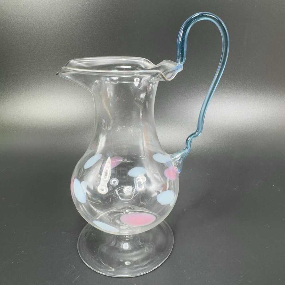 1930s Bimini Glass Delicate Thin Art Glass Pitcher Creamer Jug Blue Handle Dots